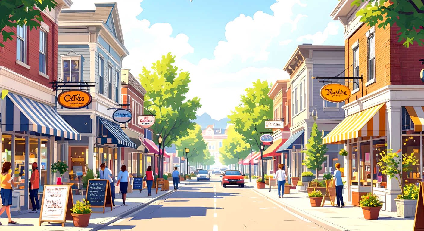 Local business expansion view down a bustling main street