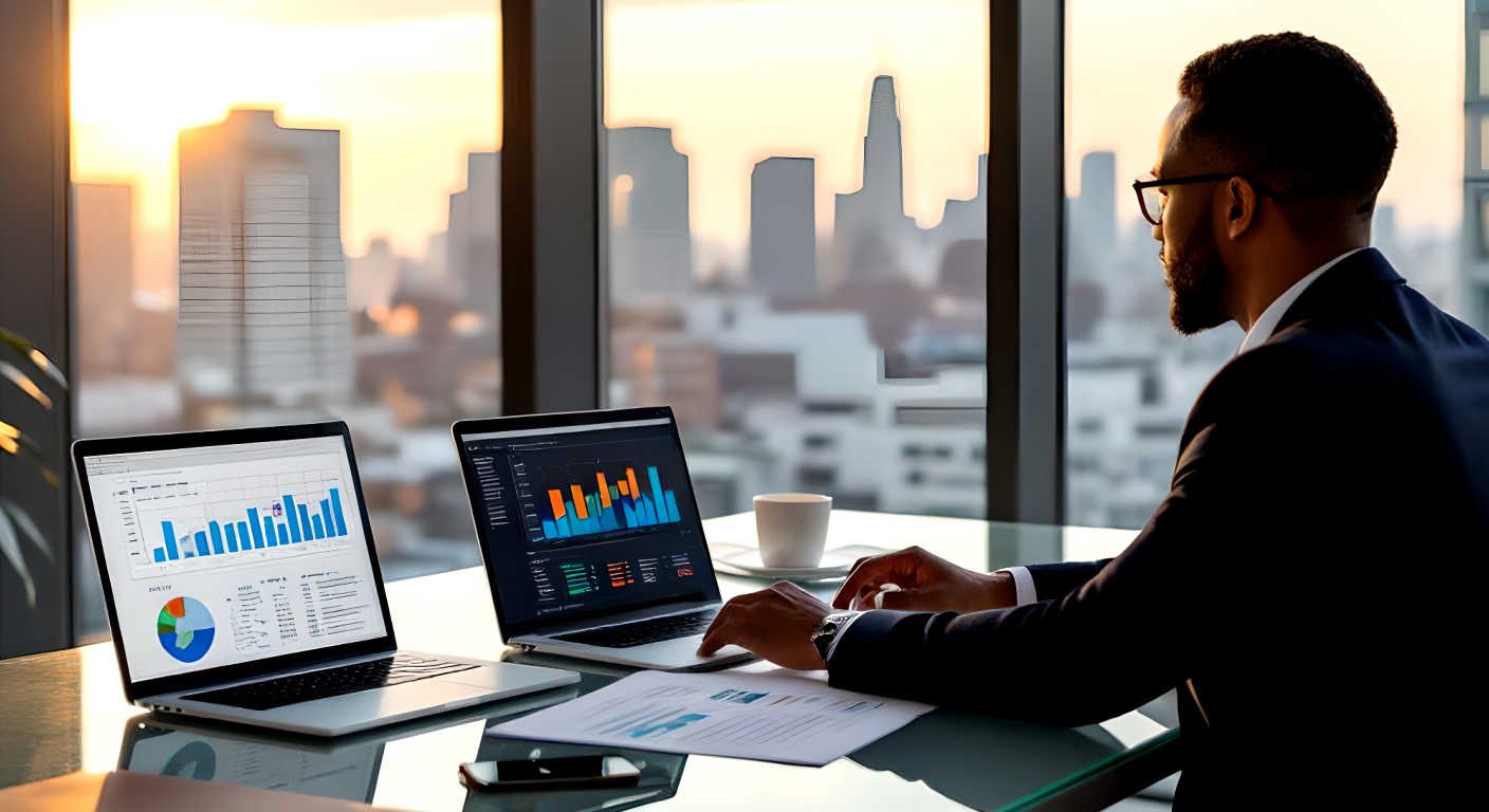A professional accountant sits at a modern glass desk reviewing financial documents, surrounded by warm natural light from floor-to-ceiling windows. A sleek laptop displays colorful analytics graphs while a smartphone and tablet show social media engagement metrics. The polished office features branded materials in coordinated colors, leather portfolio folders, and a subtle glimpse of the city skyline